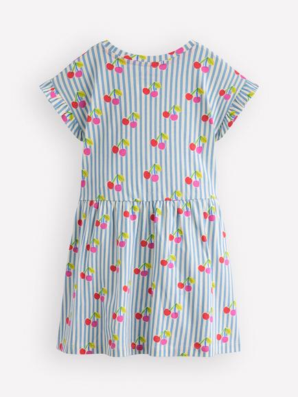 Mini Boden Kids' Short Sleeve Printed Dress, Blue Cherry Stripe - view 2, Blue Cherry Stripe