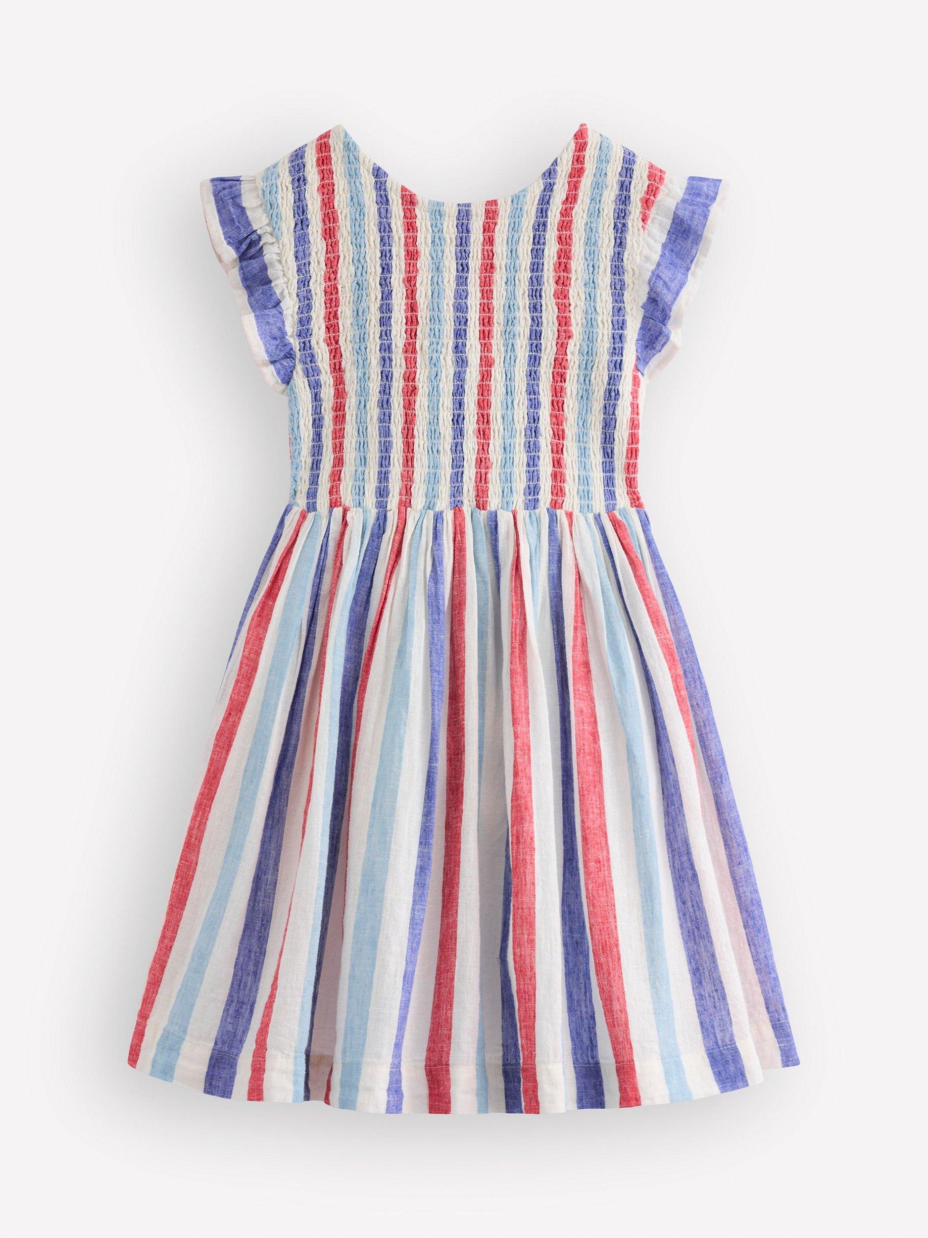 Mini Boden Kids' Shirred Bow Back Dress, Blue/Poppy Red