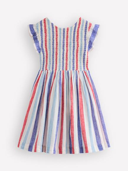 Mini Boden Kids' Shirred Bow Back Dress, Blue/Poppy Red, Blue/Poppy Red