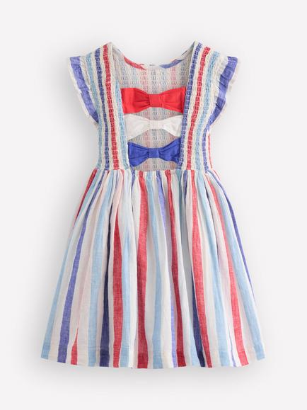 Mini Boden Kids' Shirred Bow Back Dress, Blue/Poppy Red - view 2, Blue/Poppy Red