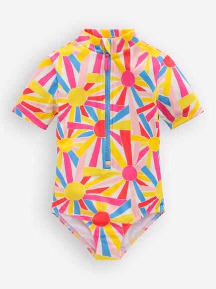 Mini Boden Kids' Short Sleeve UPF Swimsuit, Ivory Sunburst, Ivory Sunburst
