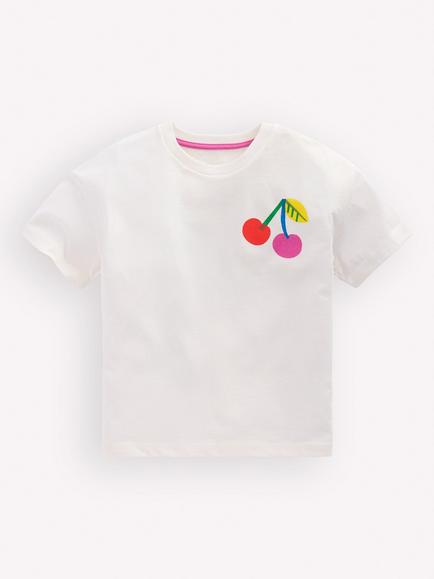 Mini Boden Kids' Short Sleeve Printed Boxy T-Shirt, Soft Ivory Cherries, Soft Ivory Cherries