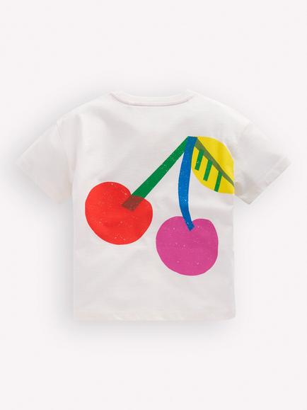 Mini Boden Kids' Short Sleeve Printed Boxy T-Shirt, Soft Ivory Cherries - view 2, Soft Ivory Cherries
