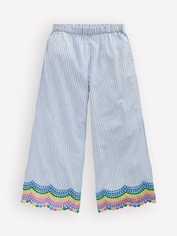 Mini Boden Kids' Embroidered Scallop Hem Trousers, Blue Ticking Rainbow, Blue Ticking Rainbow