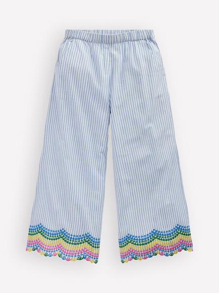 Mini Boden Kids' Embroidered Scallop Hem Trousers, Blue Ticking Rainbow, Blue Ticking Rainbow