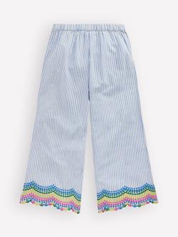 Mini Boden Kids' Embroidered Scallop Hem Trousers, Blue Ticking Rainbow - view 2, Blue Ticking Rainbow