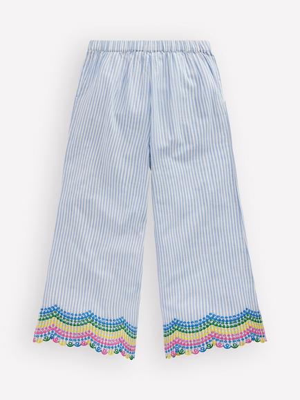 Mini Boden Kids' Embroidered Scallop Hem Trousers, Blue Ticking Rainbow - view 2, Blue Ticking Rainbow