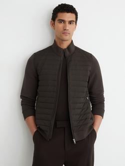 Reiss Freddie Hybrid Quilt Interlock Zip Jacket, Chocolate Brown, Chocolate Brown