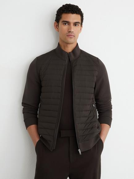 Reiss Freddie Hybrid Quilt Interlock Zip Jacket, Chocolate Brown, Chocolate Brown