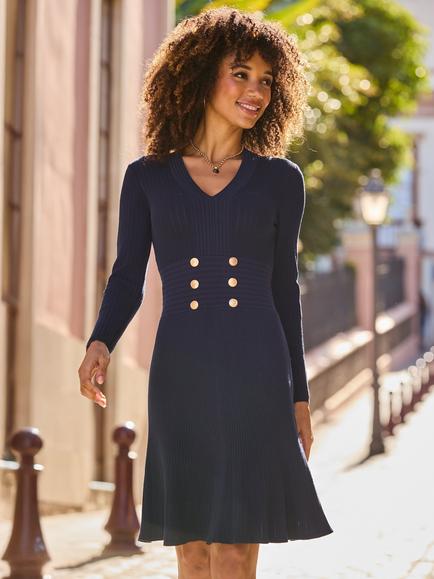 Sosander Knitted Button Detail Fit & Flare Dress, Navy Blue, Navy Blue