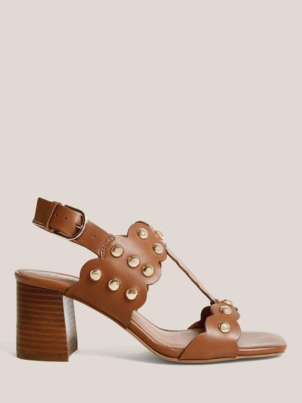 Hobbs Briony Leather Stud Detail Block Heel Sandals, Brown, Brown