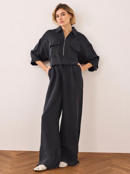 Mint Velvet Three Quarter Sleeve Zip Collar Blouse, Blue Navy, Blue Navy