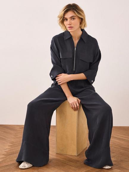 Mint Velvet Three Quarter Sleeve Zip Collar Blouse, Blue Navy - view 2, Blue Navy