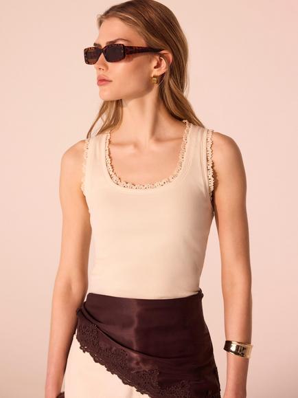 Mint Velvet Sleeveless Crochet Trim Vest Top, White Ivory, White Ivory