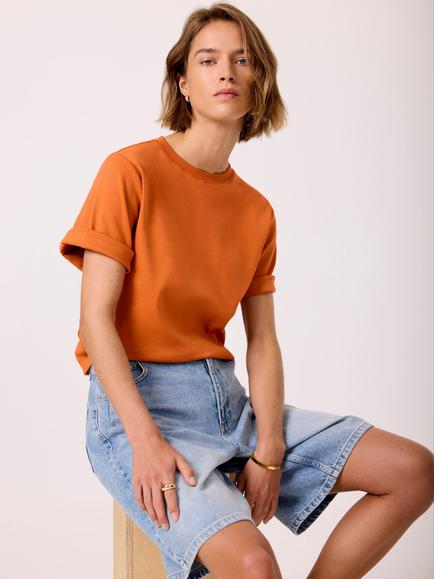 Mint Velvet Cotton Blend Ultimate Crew Neck T-Shirt, Orange - view 2, Orange