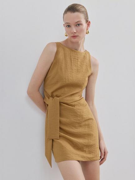 Mango Boat Neck Tie Waist Mini Dress, Camel, Camel