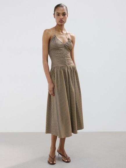Mango Ruched Bodice Gingham Midi Dress, Khaki, Khaki