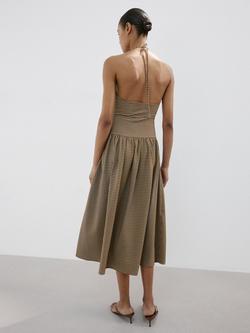 Mango Ruched Bodice Gingham Midi Dress, Khaki - view 2, Khaki