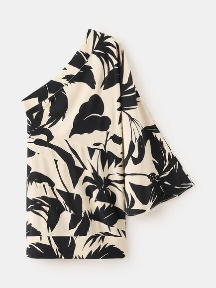 Mango Asymmetric One Shoulder Leaf Pattern Mini Dress, Raw, Raw