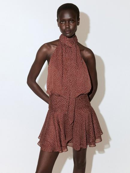 Mango Halterneck Polka Dot Mini Dress, Terracotta
