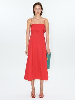 Mango A-Line Layered Neckline Midi Dress, Red, Red