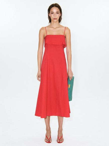 Mango A-Line Layered Neckline Midi Dress, Red, Red