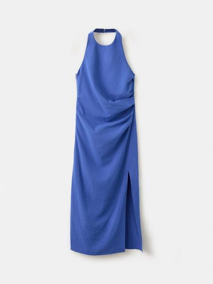 Mango Tailored Halterneck Ruched Midi Dress, Blue