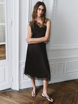 Mango Asymmetric Lace Trim Slip Midi Dress, Chocolate, Chocolate