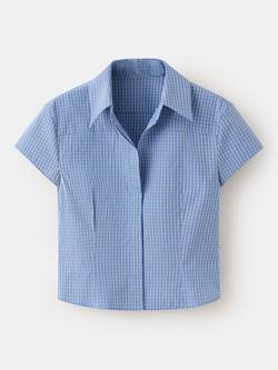 Mango Check Fitted Cropped Short Sleeve Shirt, Blue, Blue