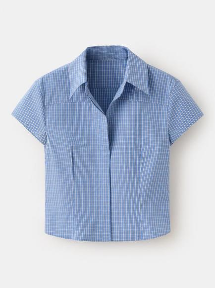 Mango Check Fitted Cropped Short Sleeve Shirt, Blue, Blue