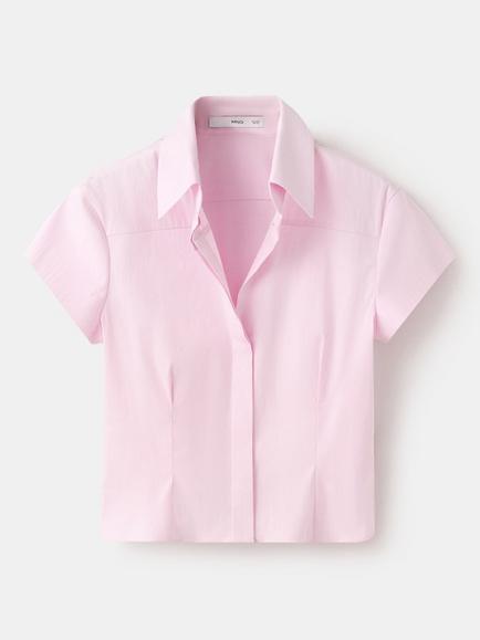 Mango Fitted Cropped Short Sleeve Shirt, Light Pink, Light Pink