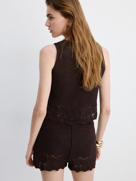 Mango Crocheted Lace-Hem Mini Shorts, Brown - view 2, Brown