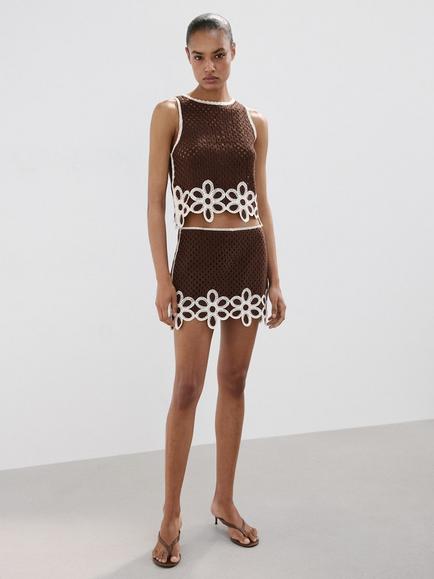 Mango Crochet Floral Hem Mid Rise Mini Skirt, Brown, Brown