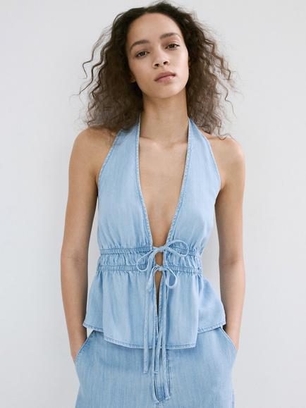 Mango Halterneck Top, Light Blue, Light Blue