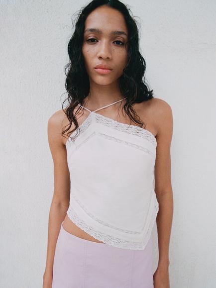 Mango Handkerchief Linen Blend Top, Off White, Off White