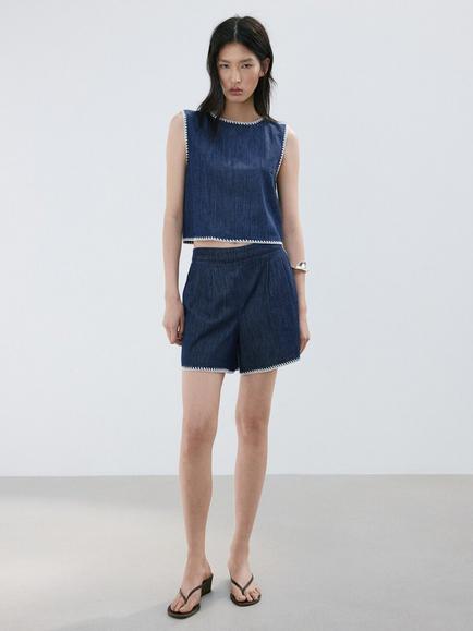 Mango Cropped Denim Top, Soft Blue, Soft Blue