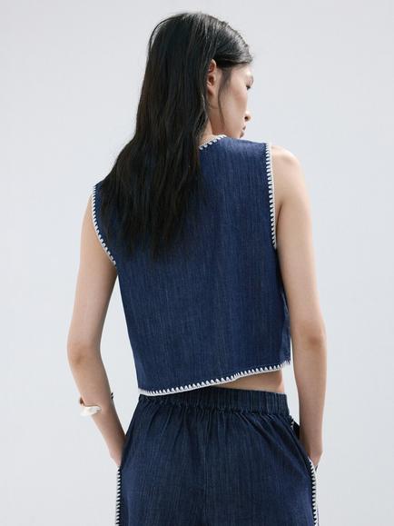 Mango Cropped Denim Top, Soft Blue - view 2, Soft Blue