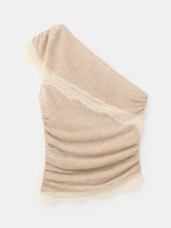 Mango Asymmetric One Shoulder Ruched Top, Camel, Camel