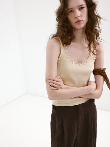 Mango Scoop Neck Button-Embellished Tank Top, Beige, Beige