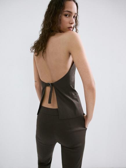 Mango Linen Blend Halterneck Top, Chocolate - view 2, Chocolate