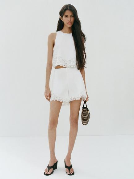 Mango Sleeveless Embroidered Eyelet Top, Off White, Off White