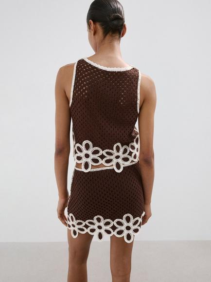 Mango Crochet Crop Shell Top, Brown - view 2, Brown