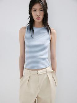 Mango Ribbed Striped Sleeveless Vest Top, Blue, Blue
