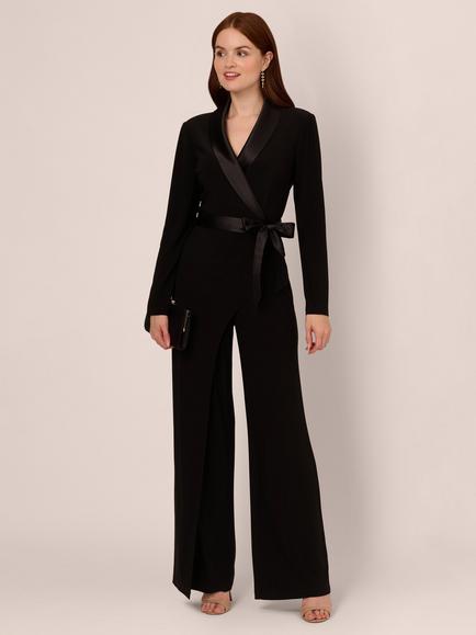 Adrianna Papell Petite Jersey Combo Tuxedo Jumpsuit, Black, Black