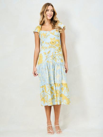 Hope & Ivy The Brie Short Sleeve Bow Back Tiered Dress, Light Blue/Yellow, Light Blue/Yellow