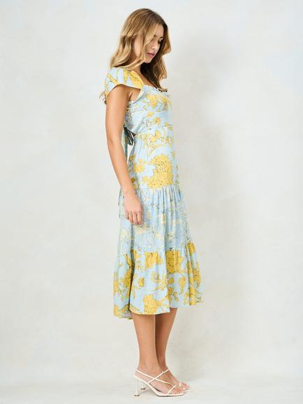 Hope & Ivy The Brie Short Sleeve Bow Back Tiered Dress, Light Blue/Yellow - view 2, Light Blue/Yellow