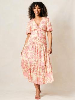 Hope & Ivy The Halima Printed Puff Sleeve V Neck Tiered Midi Dress, Light Pink/Multi, Light Pink/Multi