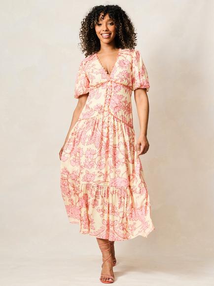 Hope & Ivy The Halima Printed Puff Sleeve V Neck Tiered Midi Dress, Light Pink/Multi, Light Pink/Multi