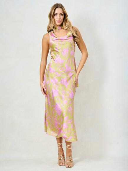 Hope & Ivy The Inas Sleeveless Cowl Neck Midi Dress, Green/Pink, Green/Pink
