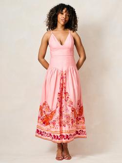 Hope & Ivy The Luma Printed V-Neck Drop Waist Midi Dress, Pink Peach/Multi, Pink Peach/Multi